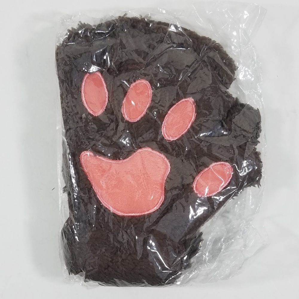 Bear Paw Pawprint Fingerless Plush Gloves Dk Brown